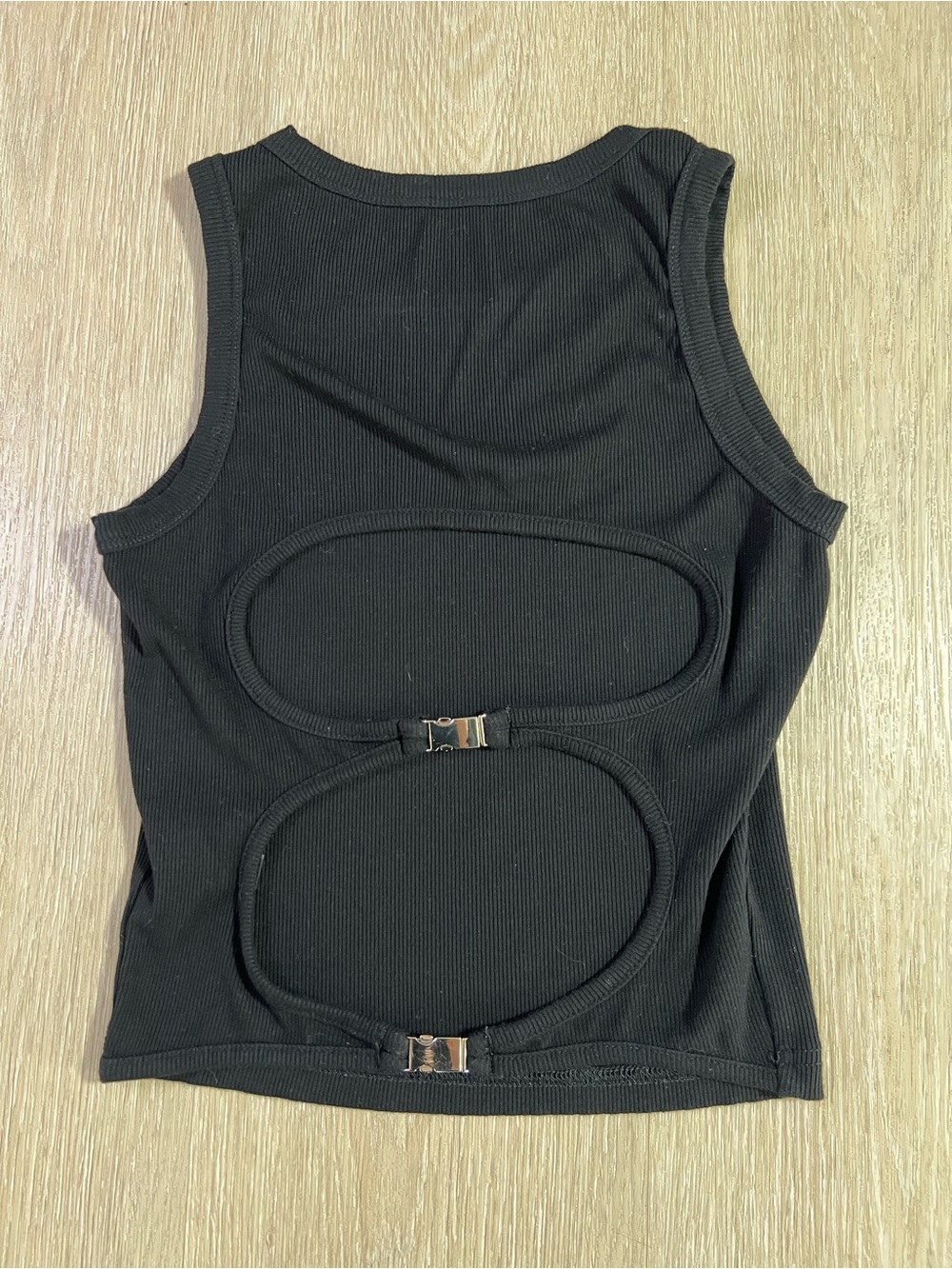 Black BACK Cutout Buckle Chic Ribbed Tank Top Women's Size Medium